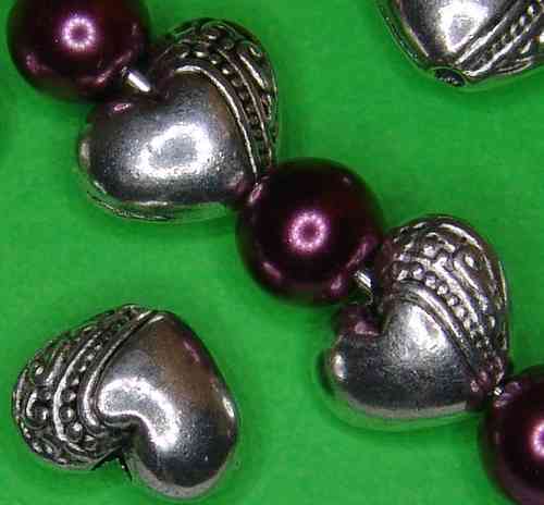 6 Metallperlen  Herz mit Ornament Bordüre