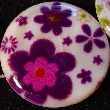 2 Perlmuttscheiben bedruckt- Pril Blumen lila 20mm