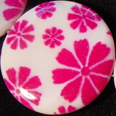 2 Perlmuttscheiben bedruckt- Blumen pink 25mm