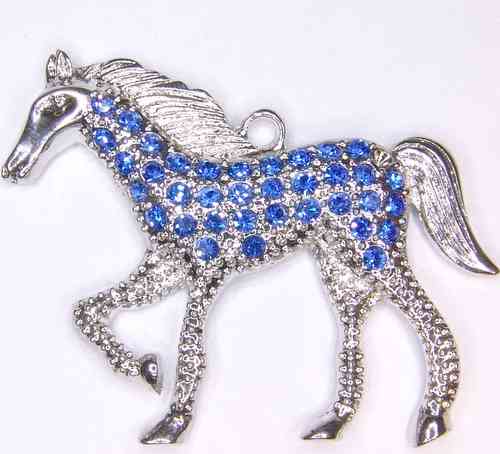 Großes Pferd mit Strasssteinen blau verziert edler Metallanhänger