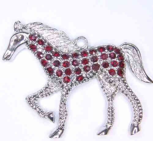 Großes Pferd mit Strasssteinen rot verziert edler Metallanhänger