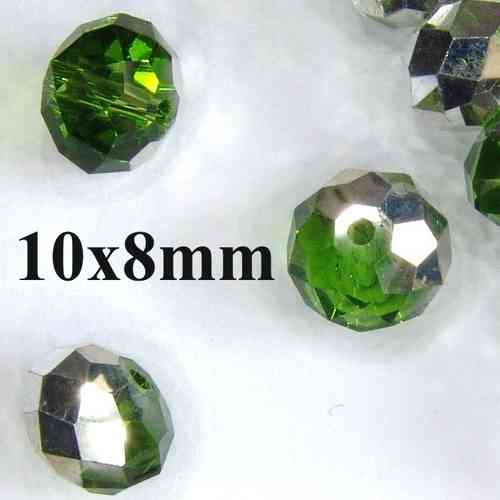 14 Glasschliffperlen Rondell grün-silber10x8mm facettiert