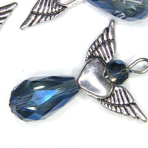 Perlen Engel Anhänger 3D Herzflügel Kristalltropfen graublau AB